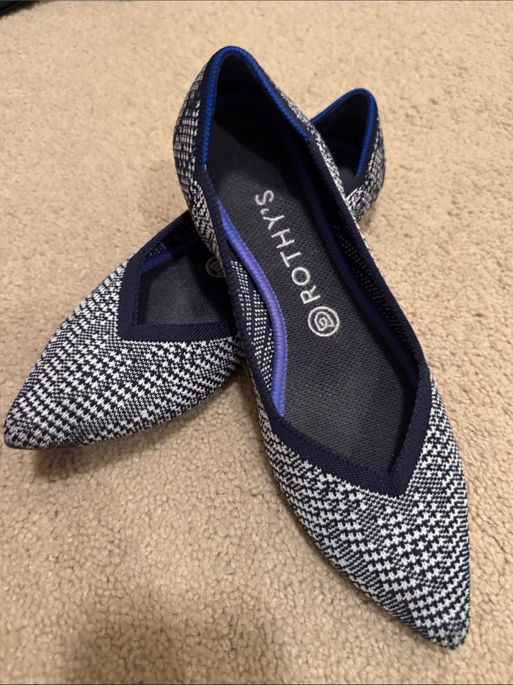 Rothy's Pointed Knit Flats in Navy and White Houndstooth
